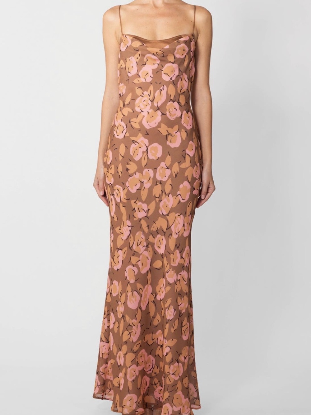 Sau Lee Gabi Dress Floral Brown and Pink Slip with Spaghetti Straps